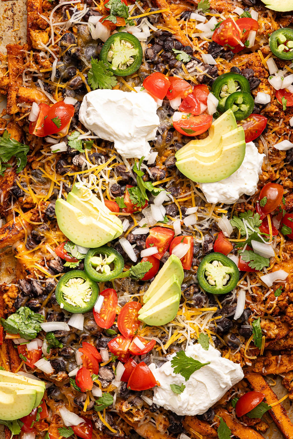 The fresh avocado, pico, and greek yogurt on top of the baked sweet potato fries with the melted cheese on top.