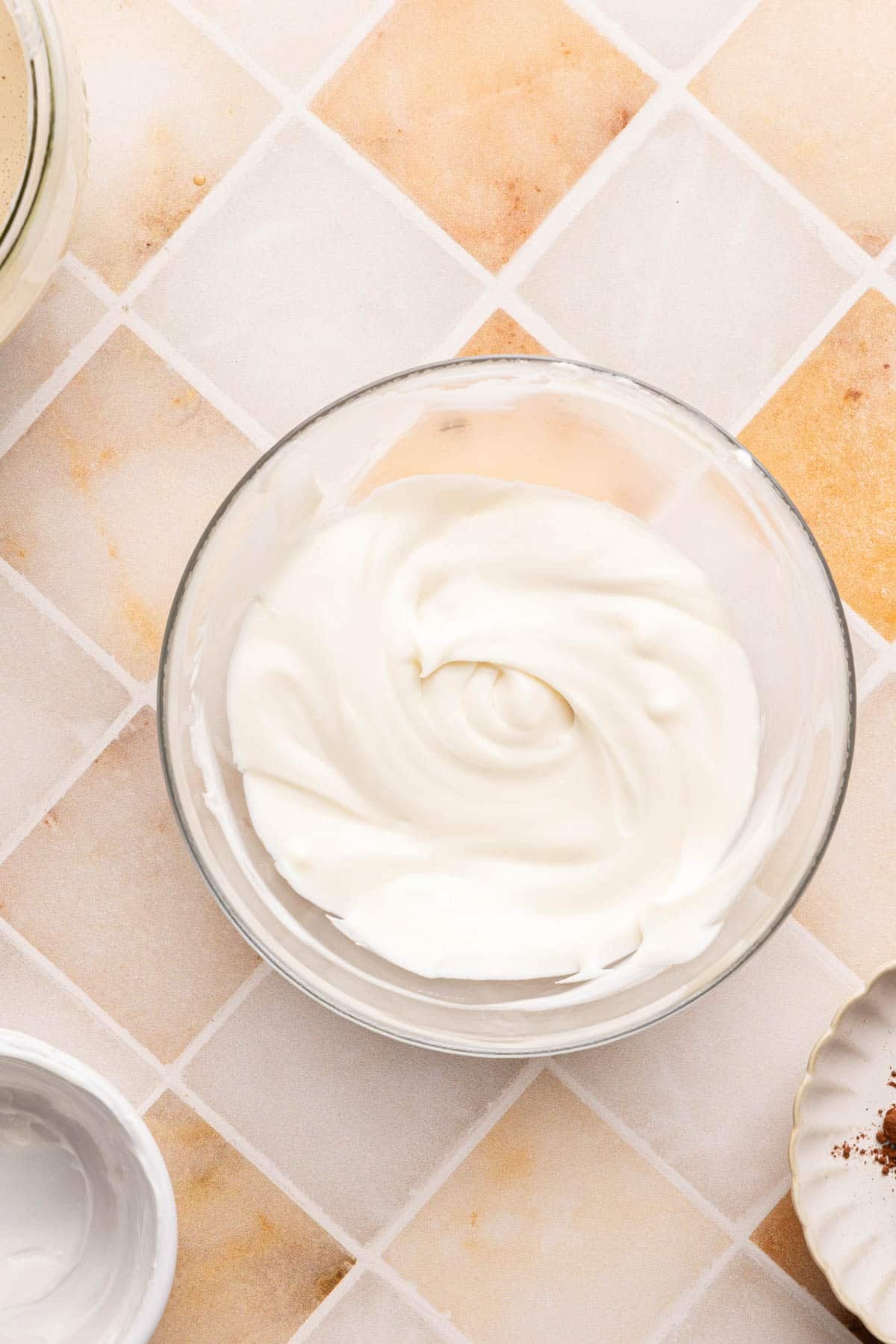 The topping after mixed together in the bowl sitting on a countertop.