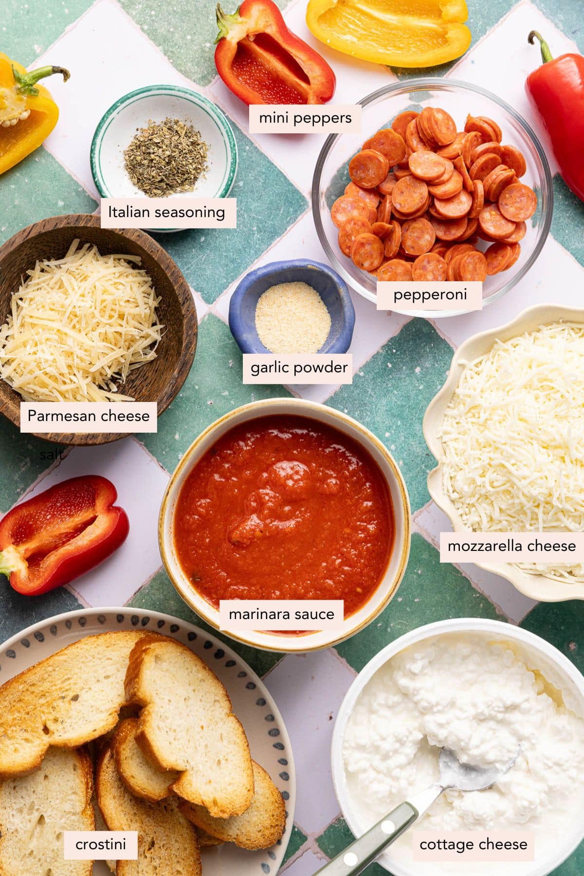 All of the ingredients for cottage cheese pizza bowls in bowls on a countertop.