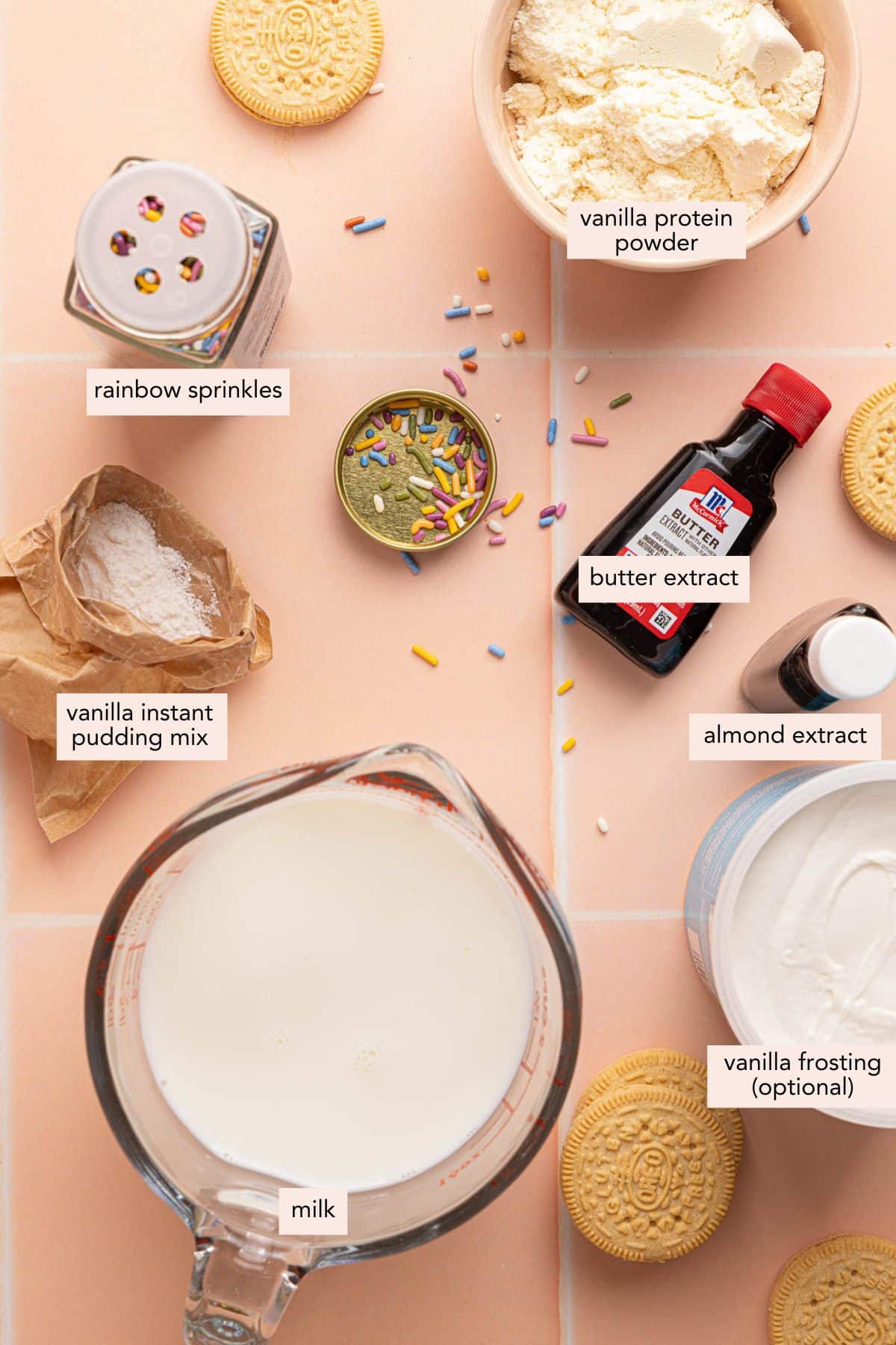 All of the ingredients for cake batter ninja creami ice cream on a countertop.