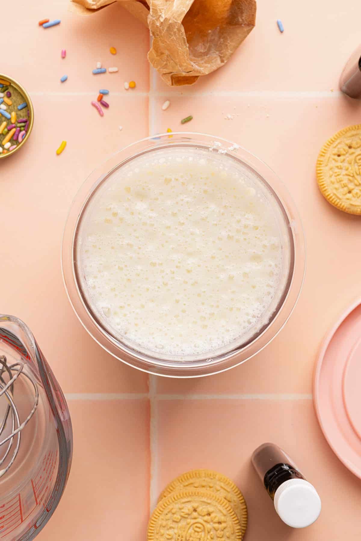 The cake batter mixture after whisking.