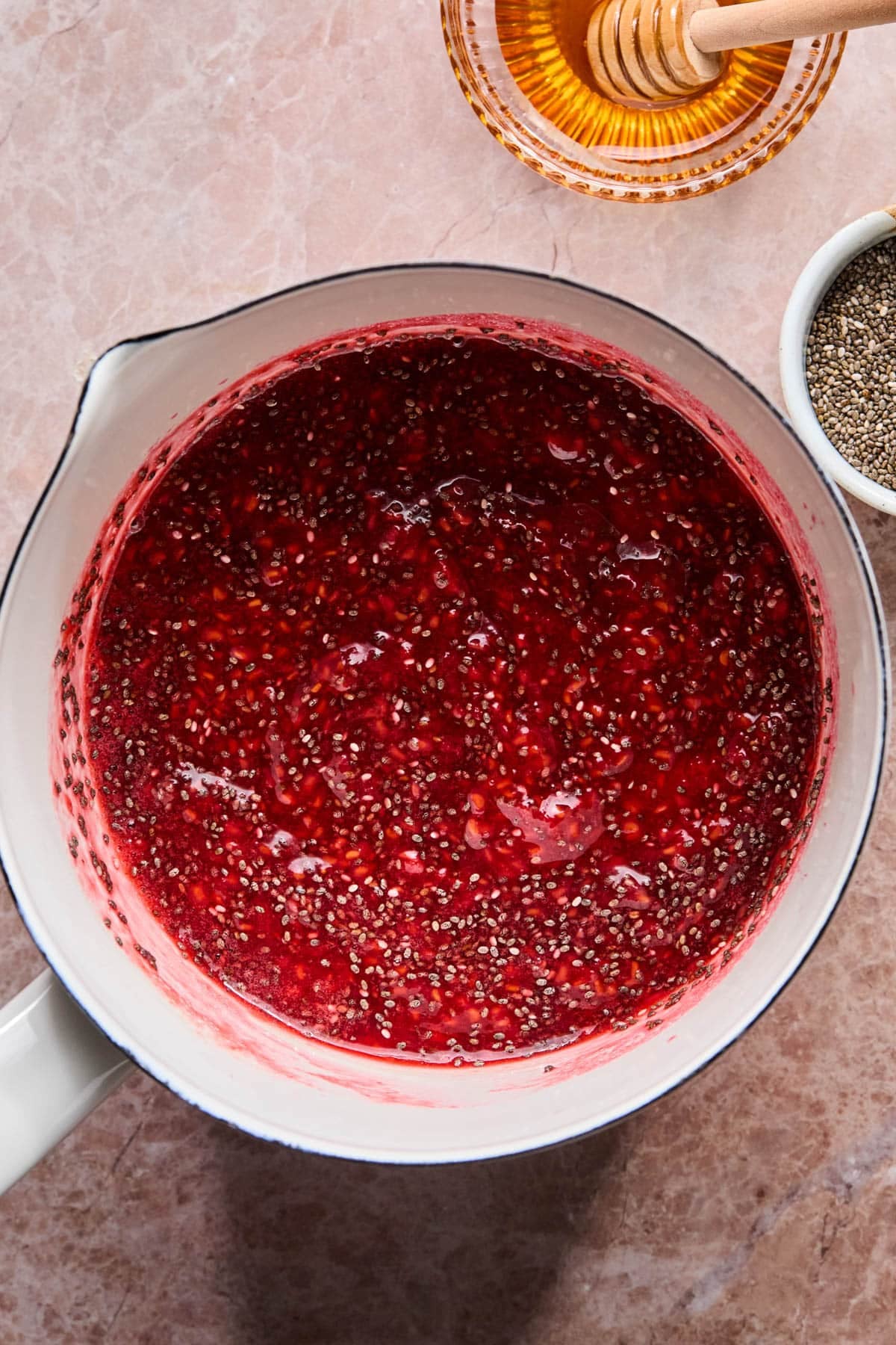 The chia seed jam in a saucepan after cooling.