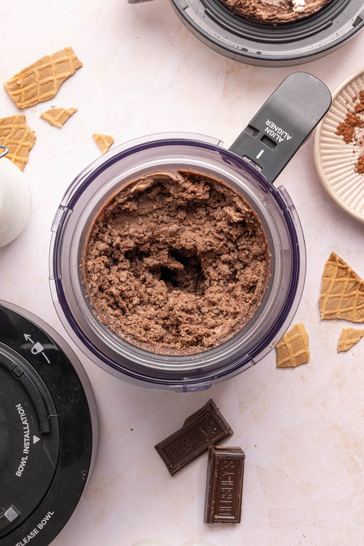 The chocolate protein ice cream in the container after 1 spin.