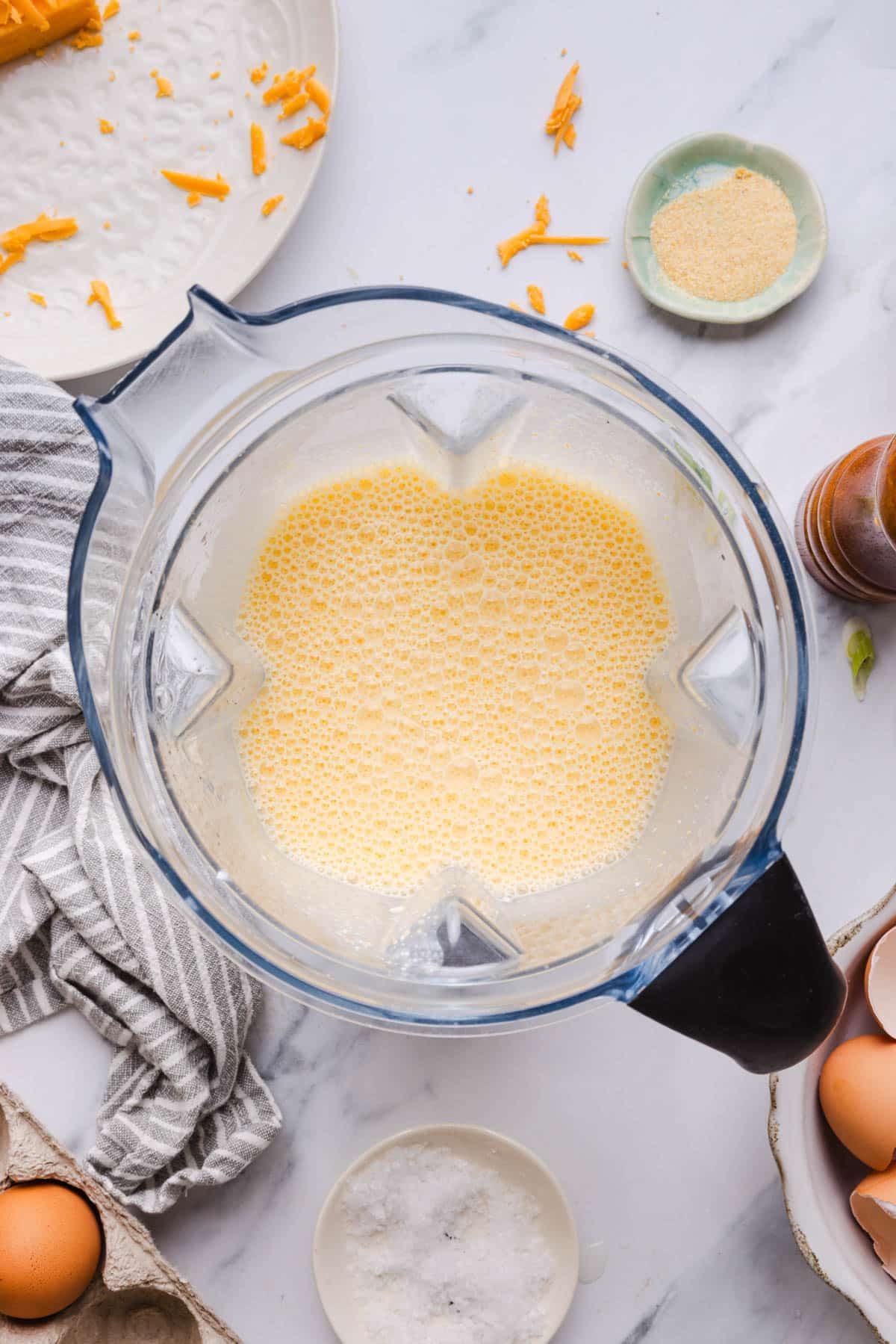 The egg mixture in the blender after blending.