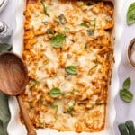 A spoon rests on the edge of the cottage cheese pasta bake.