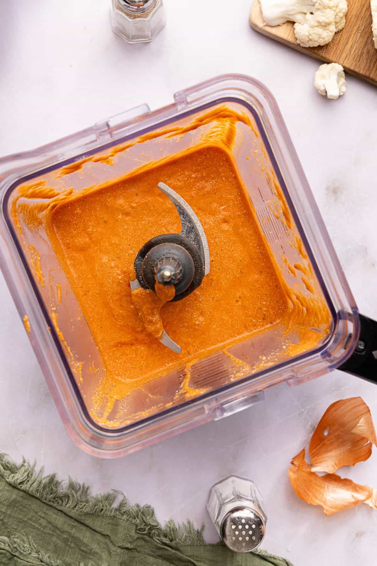 The pasta sauce in the blender after blending all of the ingredients for the sauce together.