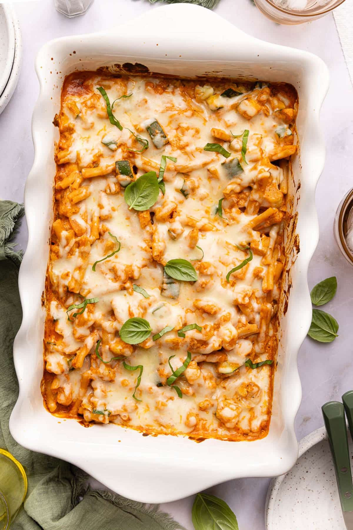 The baked cottage cheese pasta bake in the casserole dish on a countertop before serving.