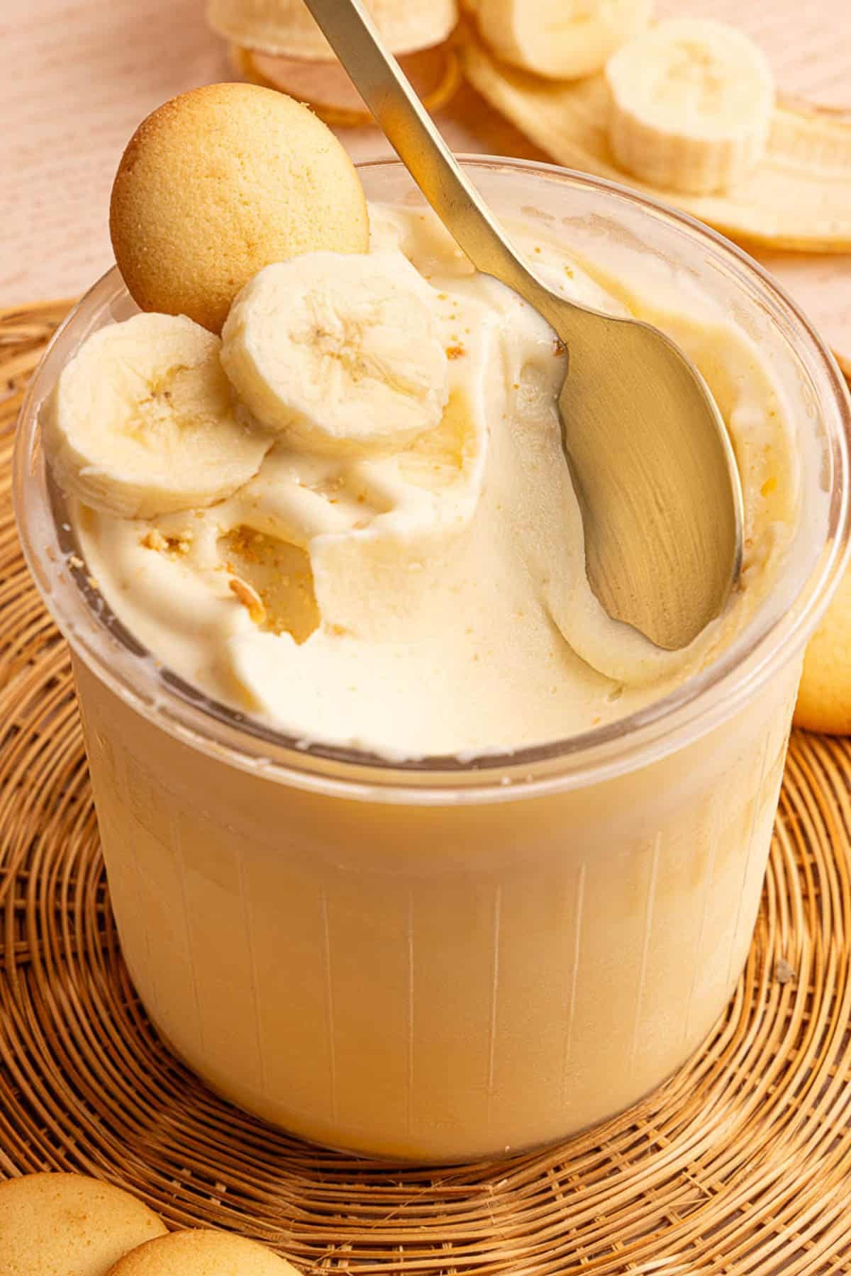 A spoon rests in a container of high-protein banana pudding ice cream made in the Ninja Creami.