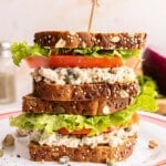 Two salmon salad sandwiches stack on top of each other on a plate.