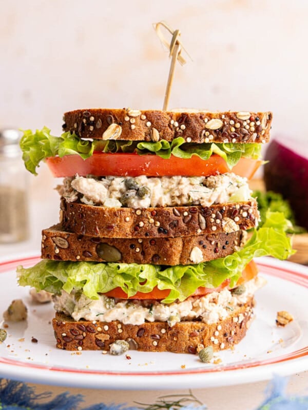 Two salmon salad sandwiches stack on top of each other on a plate.