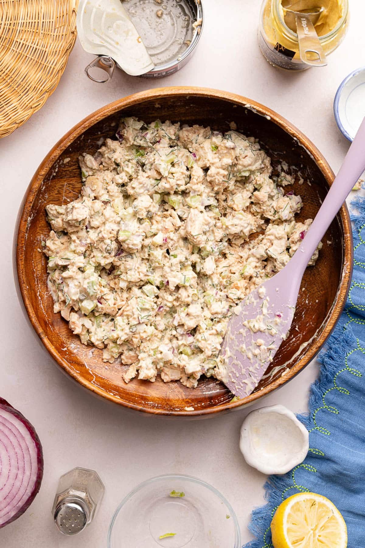 The mixed salmon salad in a wooden bowl.