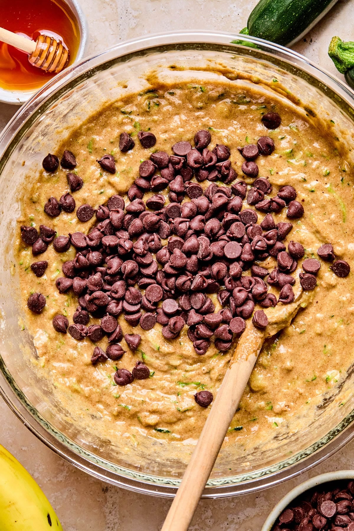 The chocolate chips in the batter before mixing.