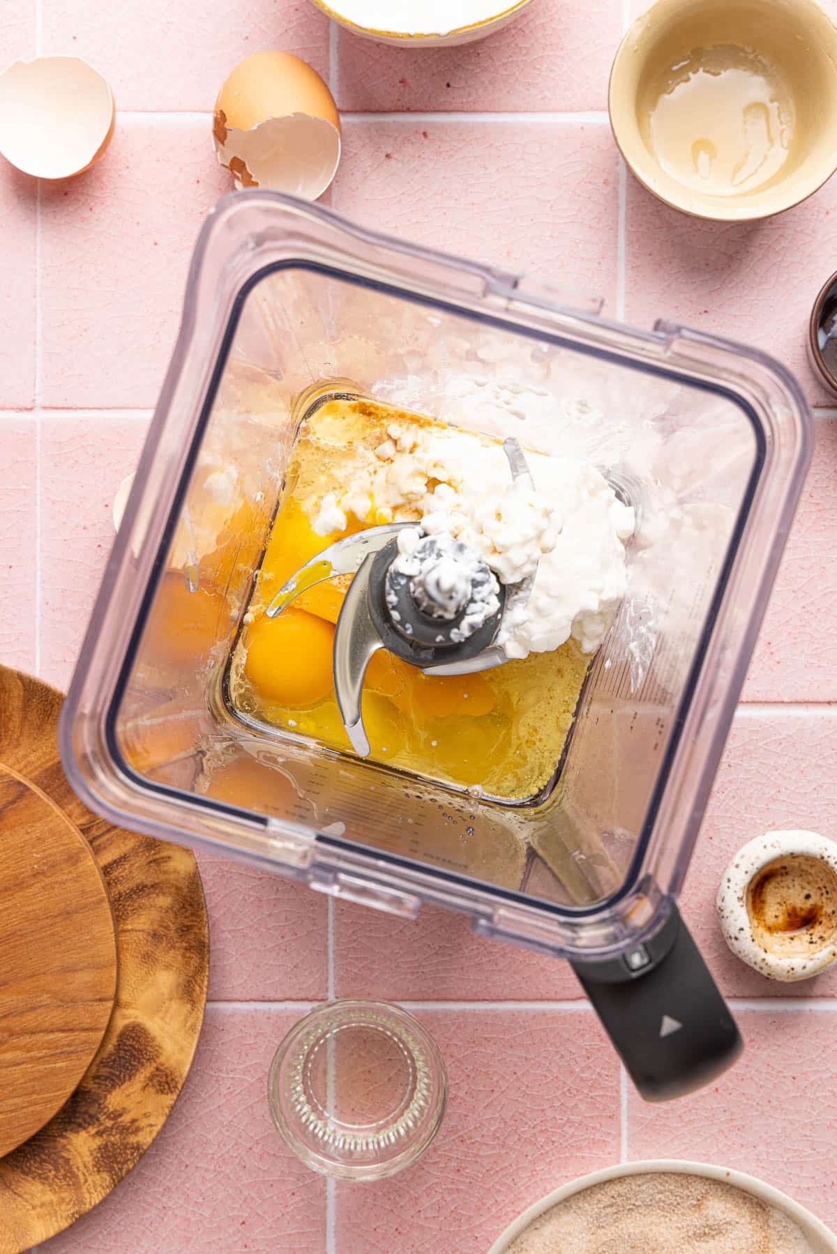 The wet ingredients in a blender before mixing.