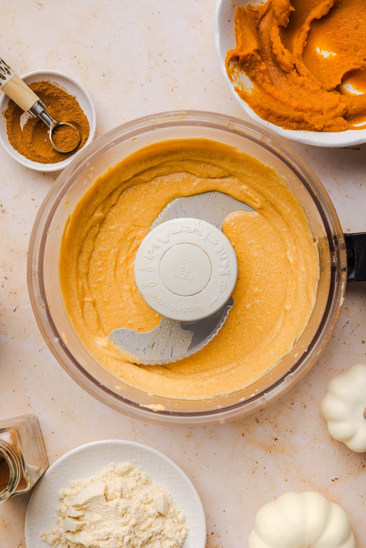 The cottage cheese and pumpkin mixture after blending in the food processor.