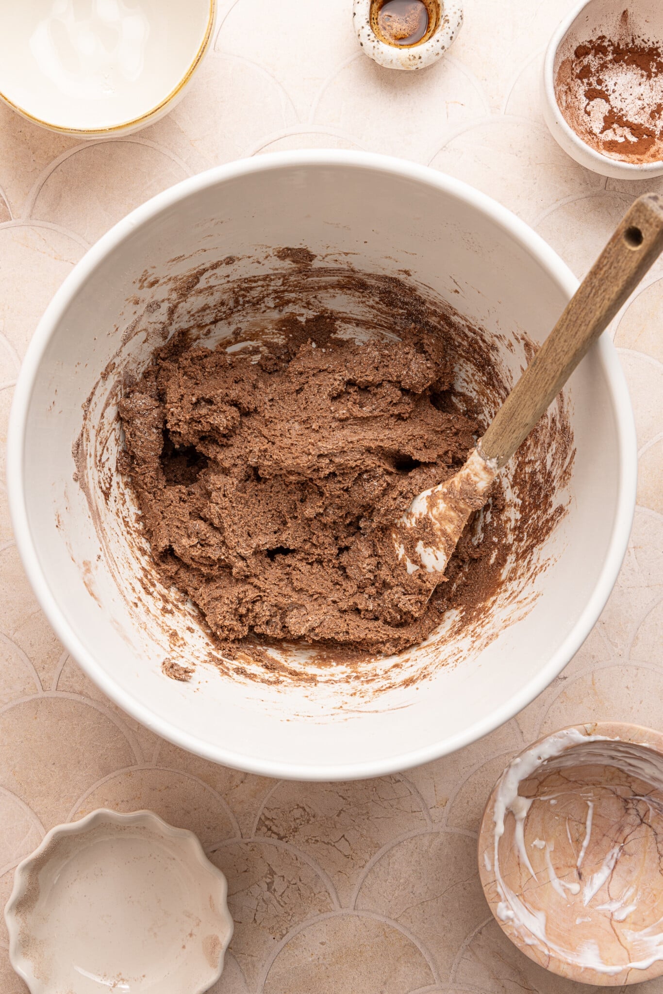 Cottage cheese truffle dough filling mixed in a white bowl.
