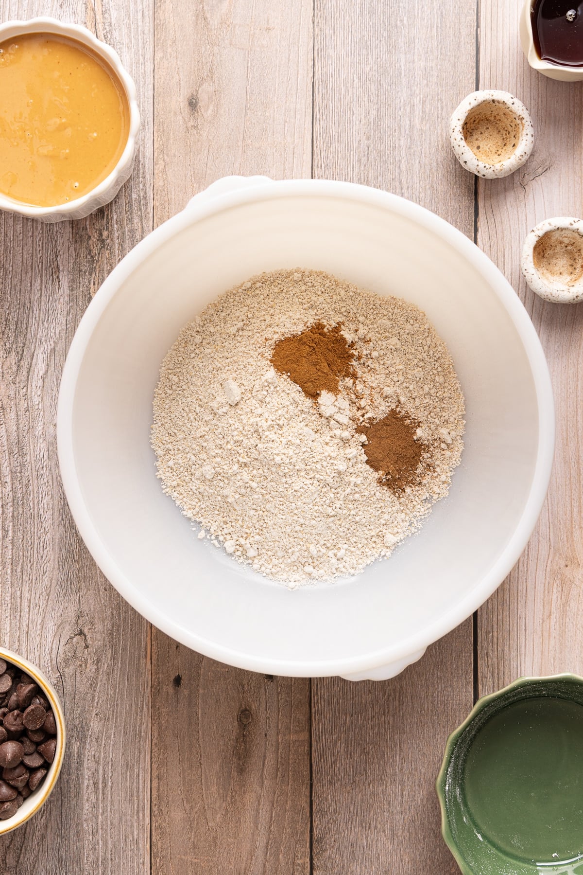 The dry ingredients in a large bowl bowl before mixing.