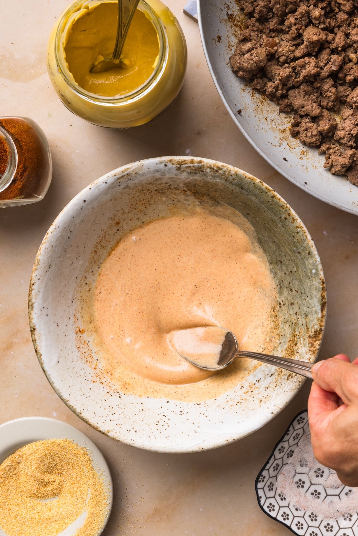 The burger sauce mixed together in a bowl.
