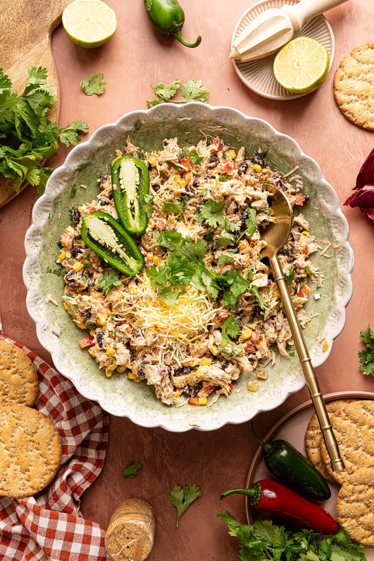 A spoon rests in a bowl of southwest chicken salad.